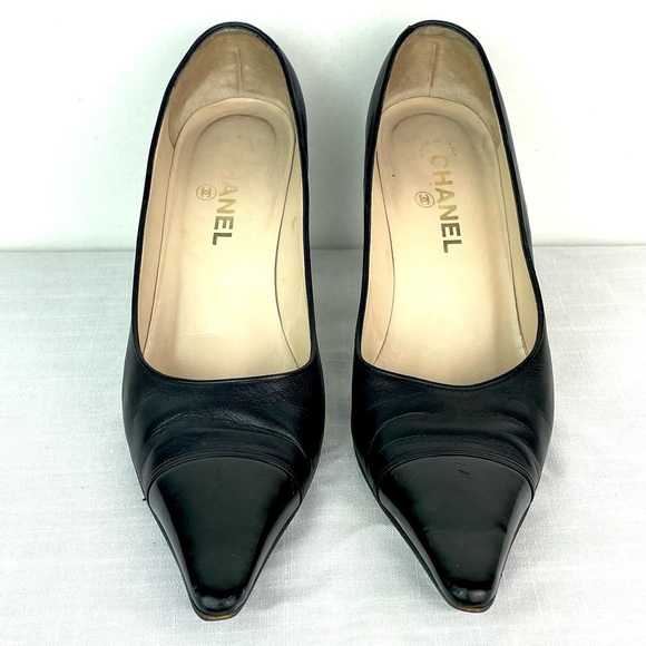 Authentic Vintage Chanel kitten heel pointed pumps size 38 1/2 two black leather - Picture 7 of 8